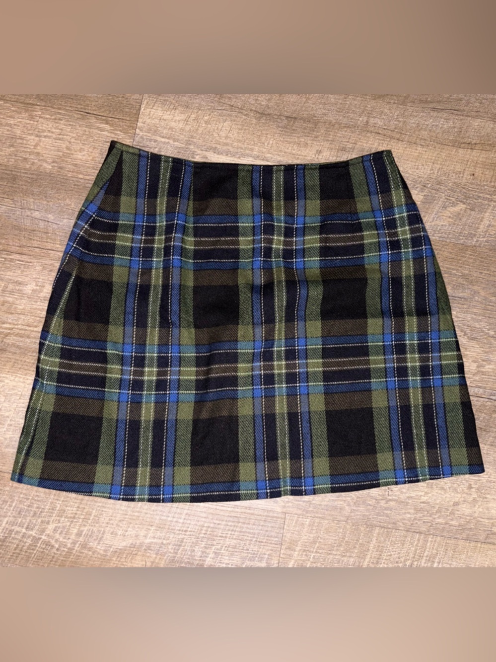 Limited America Vintage Wool Plaid Mini Skirt in Black, Blue, and Green